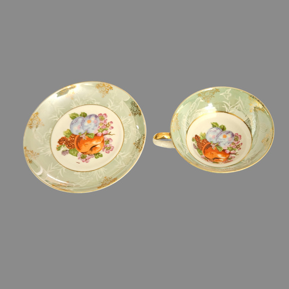 Vintage Old Foley Japan Hand Painted Cup & Saucer Fruit Design Gold Trim Green - Picture 5 of 6